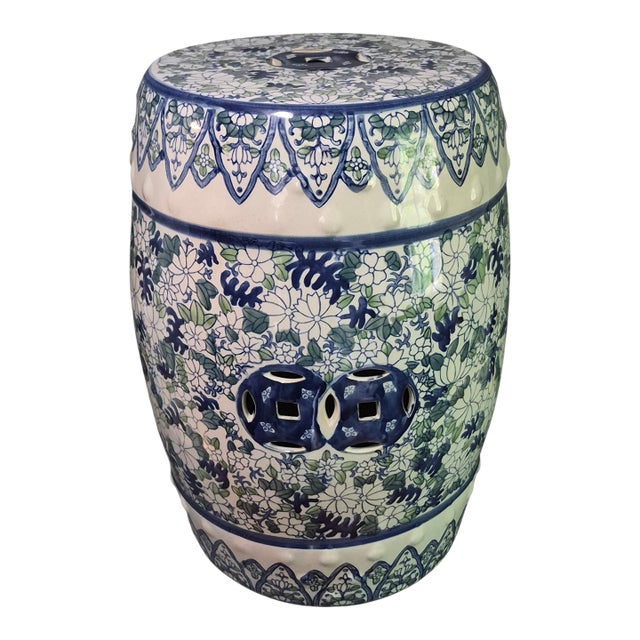 Vintage Asian Ceramic Blue-White-Green Floral Garden Stool For Sale