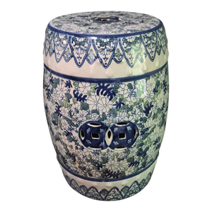 Vintage Asian Ceramic Blue-White-Green Floral Garden Stool