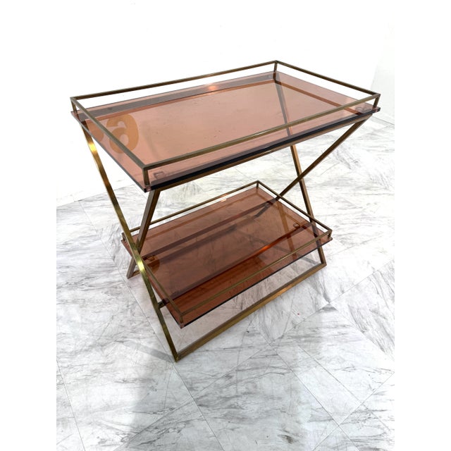 1970s Brass & Smoked Rose Glass Side Table, 1970s Italy For Sale - Image 5 of 10