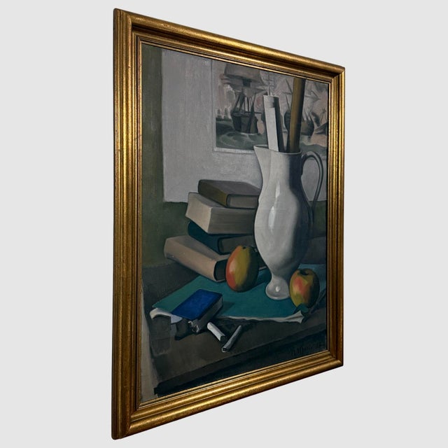 Paint Antique Modernist Still Life With Books and Pitcher by Raoul Martinez (1876-1974), Signed (1928, Oil on Canvas) For Sale - Image 7 of 8
