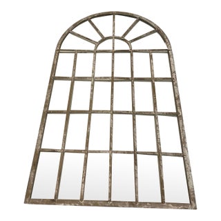 Vintage Arched Iron Windowpane Wall Mirror – White-Washed Gray For Sale