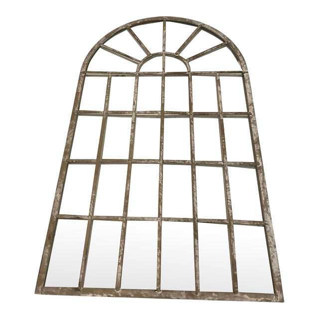 Vintage Arched Iron Windowpane Wall Mirror – White-Washed Gray For Sale