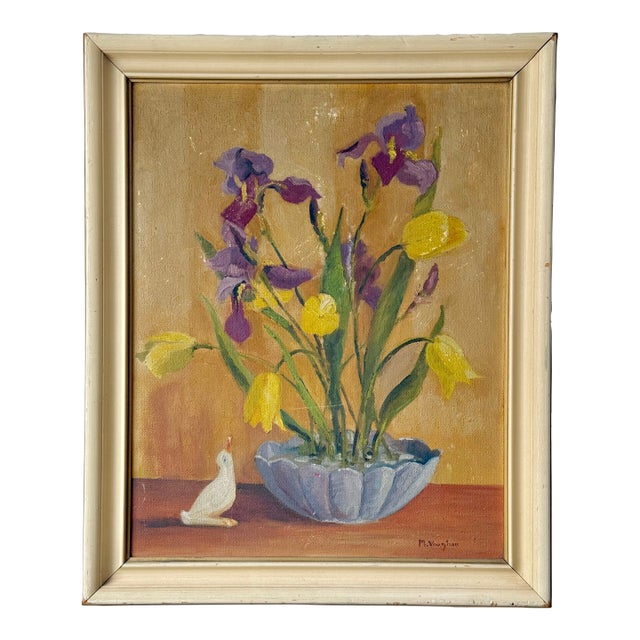 Early 20th Century Art Deco Still Life of Irises and Tulips With Bird, Oil on Board, Framed For Sale