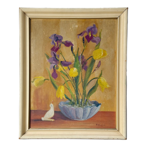 Early 20th Century Art Deco Still Life of Irises and Tulips With Bird, Oil on Board, Framed