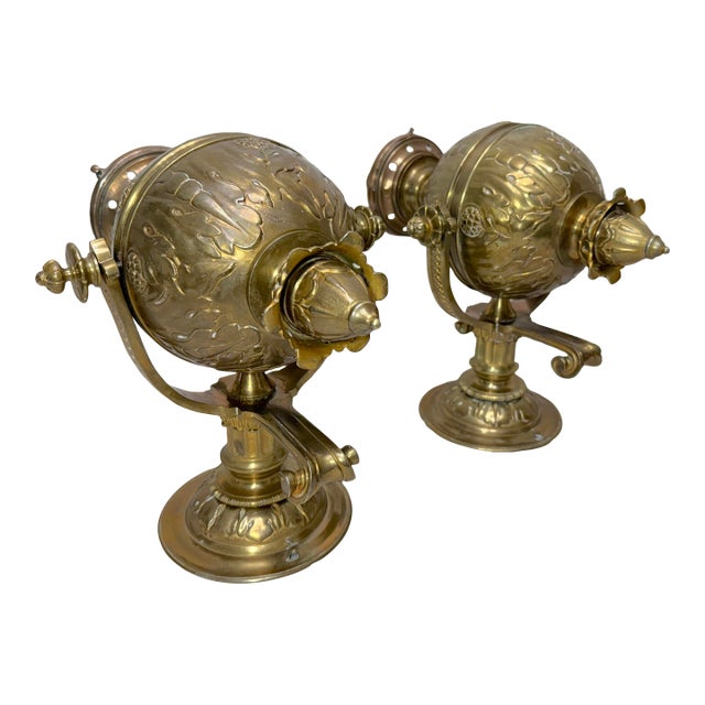 Large Heavy Pair Antique 1800's Electric Sphere Brass Wall Gas Sconces Fixture For Sale