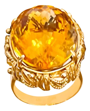 20 Carat Natural Oval Citrine Cocktail Ring in 14 Karat Yellow Gold, Estate