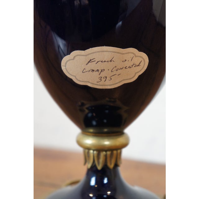 Blue Antique French Empire Converted Cobalt Blue Glass Brass Urn Oil Lamp For Sale - Image 8 of 12