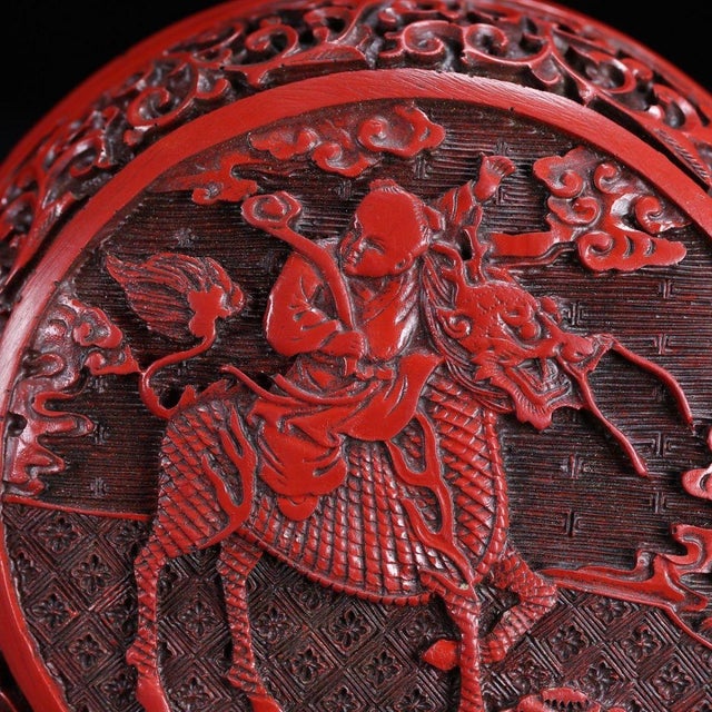 Chinoiserie Red Cinnabar Lacquer Round Lidded Box With Kirin Relief Carving, Chinoiserie Decorative Trinket Box For Sale - Image 3 of 12