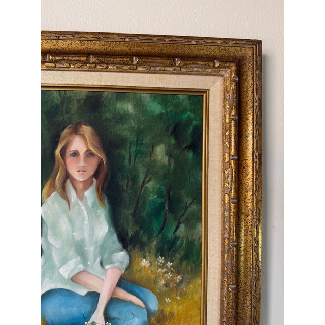 Forest Green 1970s Vintage E. Weight Portrait of a Girl in Landscape Oil on Canvas Painting, Framed For Sale - Image 8 of 12