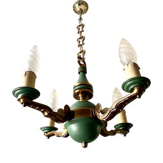 Art Deco Chandelier in Bronze and Green Lacquered Sheet Metal, 1930 For Sale