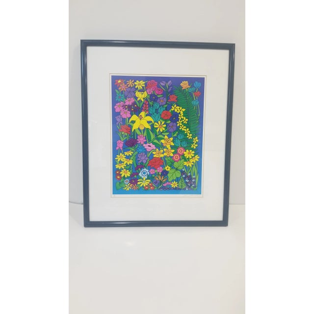 Blue 1990s Artist Signed Floral Print, Framed For Sale - Image 8 of 8
