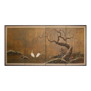 1960s Shōwa Era Japanese Byobu Screen "Big Old Tree and Egrets"