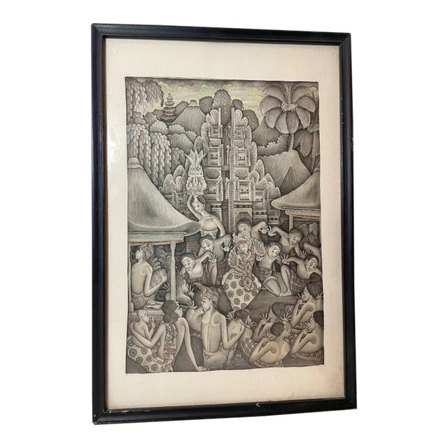 Vintage Original Balinese Ubud Indonesian Figural Landscape Watercolor Painting For Sale