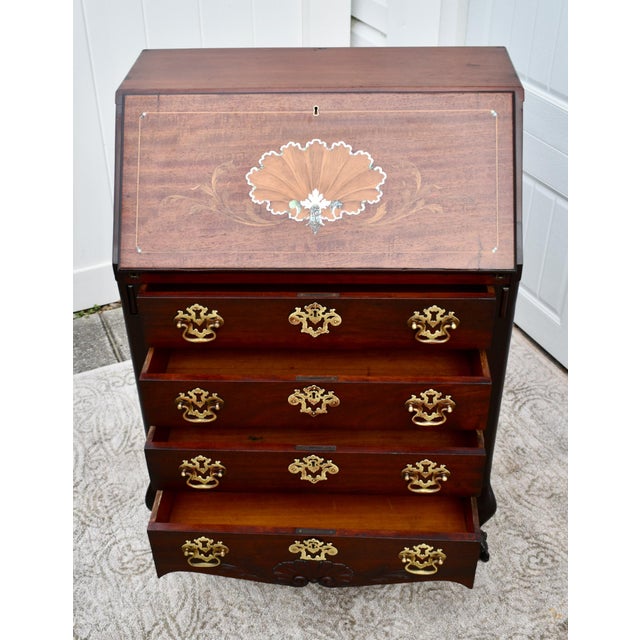 Antique Carved & Inlaid Mahogany French Style Ladies Slant Front Desk For Sale - Image 9 of 12