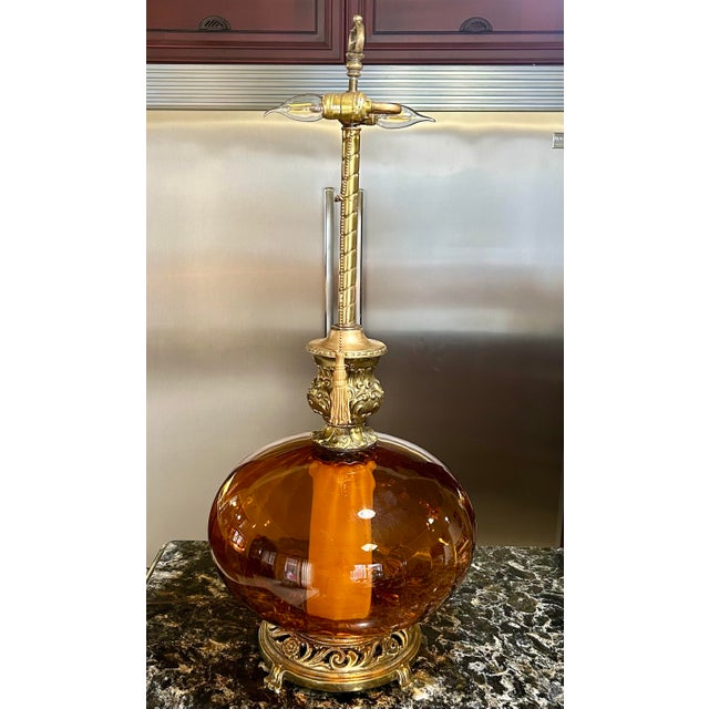 1960s 1960s Gold Metal Base With Large, Hand-Blown Amber Glass, Table Lamp, Hollywood Style, Three-Way Lighting, Two Tasseled Pull Chains For Sale - Image 5 of 12