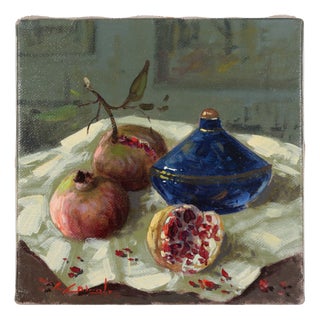 Renato Criscuolo, Blue Glass and Pomegranate Still Life, Oil on Canvas For Sale