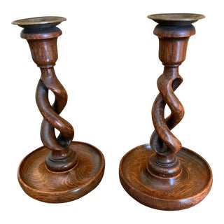 1900 Late Victorian English Open Barley Twist Oak Candlesticks - a Pair For Sale