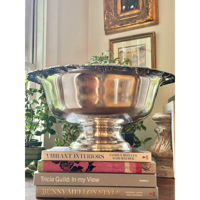 Metal Vintage Gorham Newport Silverplate Punch Bowl, 18” Diameter Footed Centerpiece With Grape & Shell Rim For Sale - Image 7 of 12
