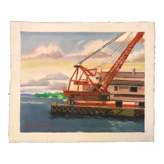 Red Crane in the Boatyard Original Oil Painting For Sale