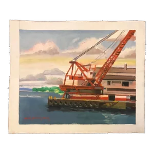 Red Crane in the Boatyard Original Oil Painting