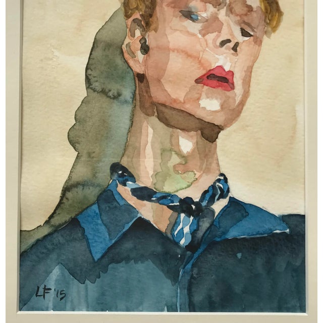 2010s Modern Expressionist Portrait Original Watercolor Painting in Vintage Giltwood Frame For Sale - Image 5 of 11