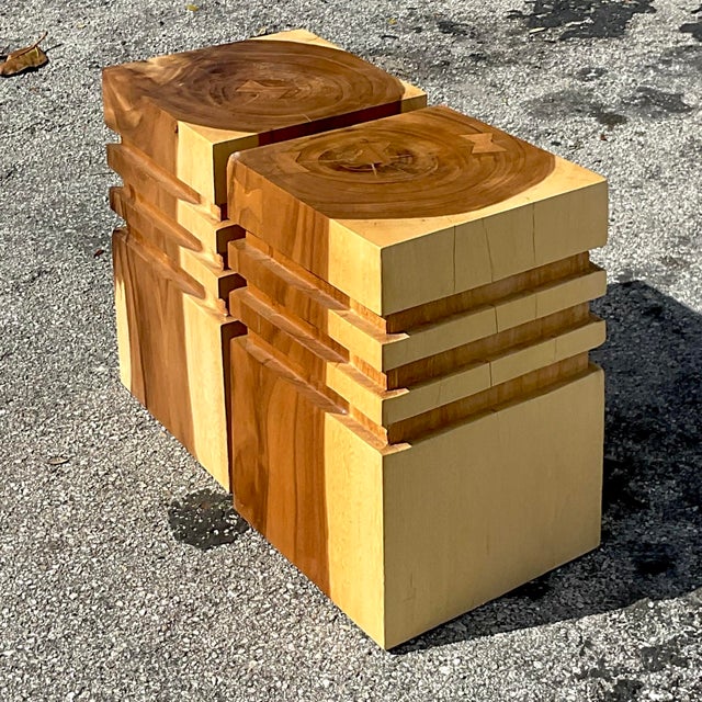 Boho Chic Vintage Boho Banded Wood Low Stools - a Pair For Sale - Image 3 of 5