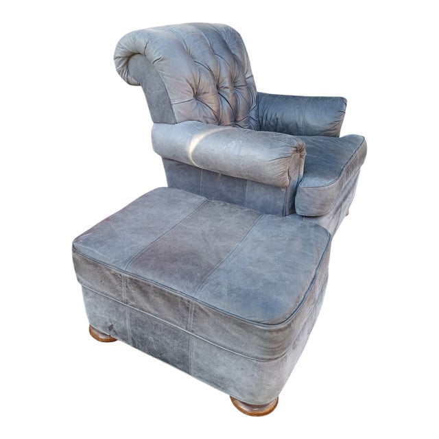 A Stunning Bluish-Grey Distressed Lake Hickory Collection Leather Chair & Ottoman. For Sale - Image 9 of 9