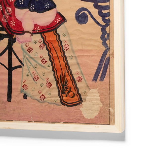 希少Painting on China お値下しました Circa 1920 Chinese Yangliuqing Longevity New Year Painting