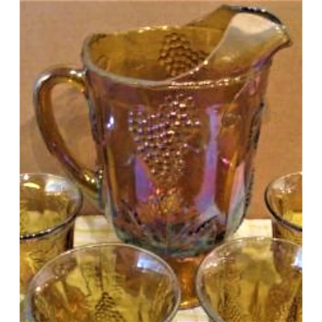 Mid-Century Modern Vintage Harvest Grape Pattern Indiana Glass Co. Carnival Glass Pitcher & Goblets- 5 Pieces For Sale - Image 3 of 7
