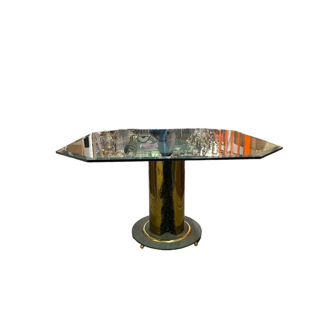 Italian Brass Crystal Table 1970’s Hexagonal Crystal top Ornate brass central piece Brass base with green metal inserts...