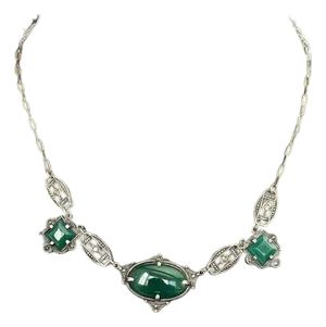 1920s rt Deco Sterling Chrysoprase and Marcasite Necklace