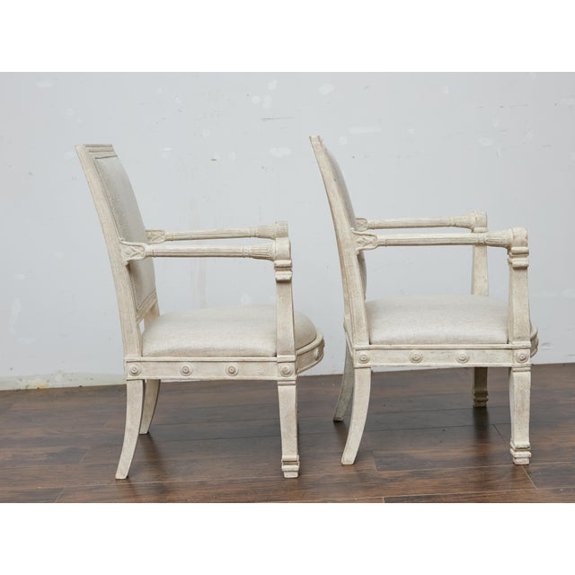 Wood Pair of French 1920s Painted Armchairs with Carved Details and Linen Upholstery For Sale - Image 7 of 11