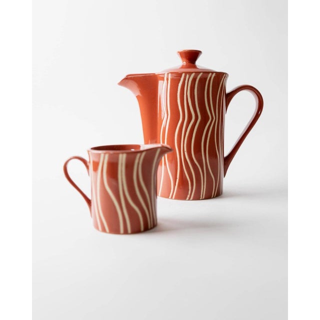 Mid-Century Striped Rust Orange Ceramic Teapot with Lid and Creamer, 1970s For Sale - Image 12 of 12