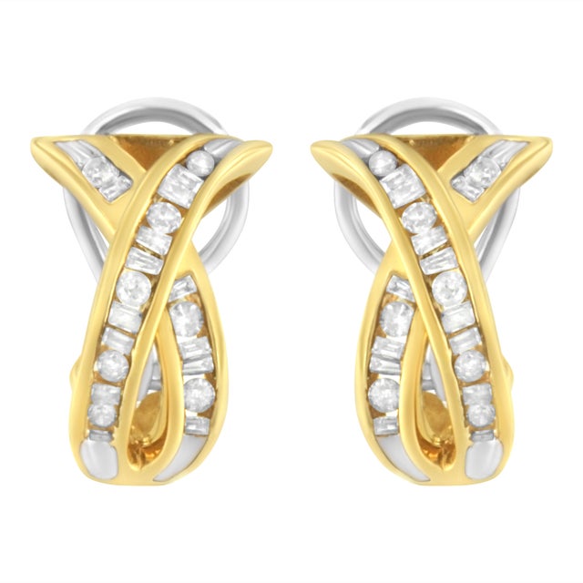 Contemporary 14K Yellow and White Gold 1/2 TDW "X" Shape Cross Over Diamond Hoop Earrings (I-J, I2-I3) For Sale - Image 3 of 6