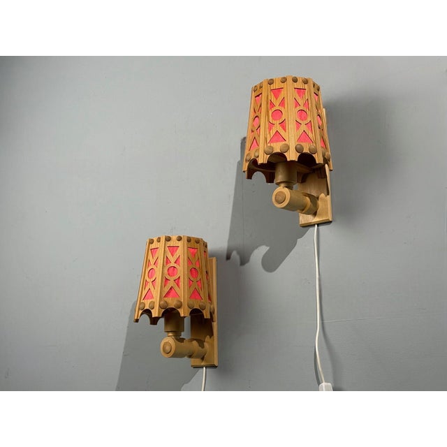 Mid-Century Modern Swedish Modern, Wall Lights, Pine, Red Textile, Sweden, 1970s For Sale - Image 3 of 8