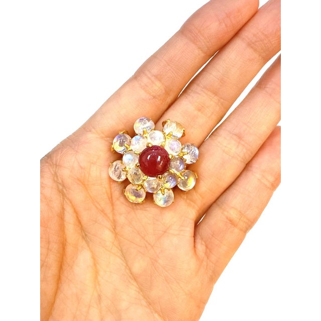 Bochic "Orient" Vintage Bubble Cabochon Ruby & Moon Stone Ring Set 18K Gold & Silver For Sale - Image 18 of 18