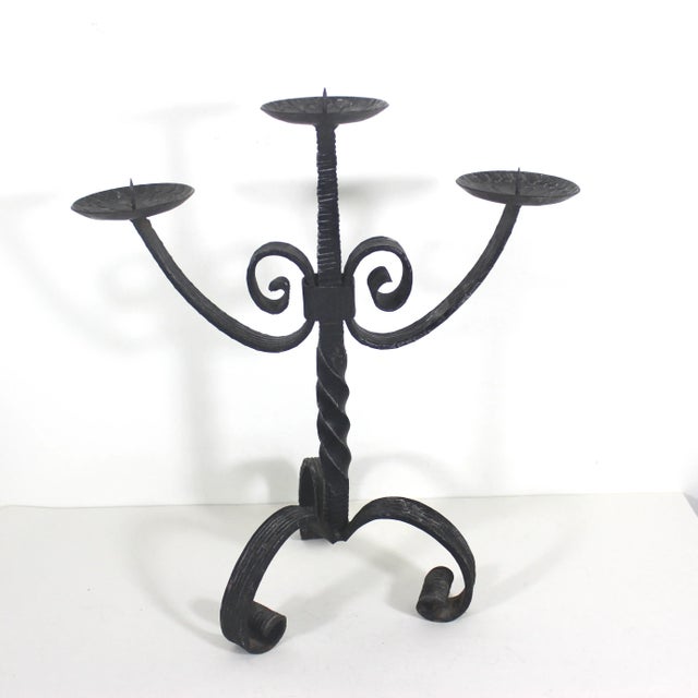 Stunning, large, very heavy, scrolled and twisted black wrought iron mid century modern brutalist pillar candleholder....