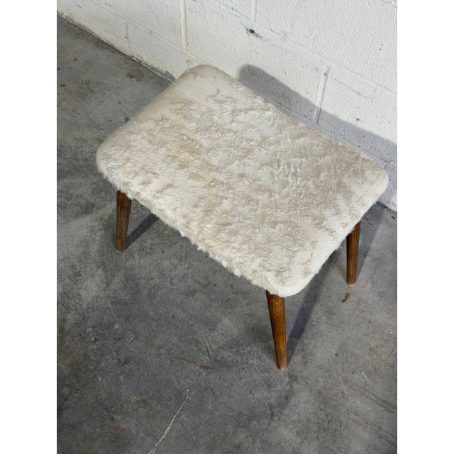 Wood Vintage Danish Mid Century Modern Teak Vanity Stool With Sheepskin Upholstery For Sale - Image 7 of 8