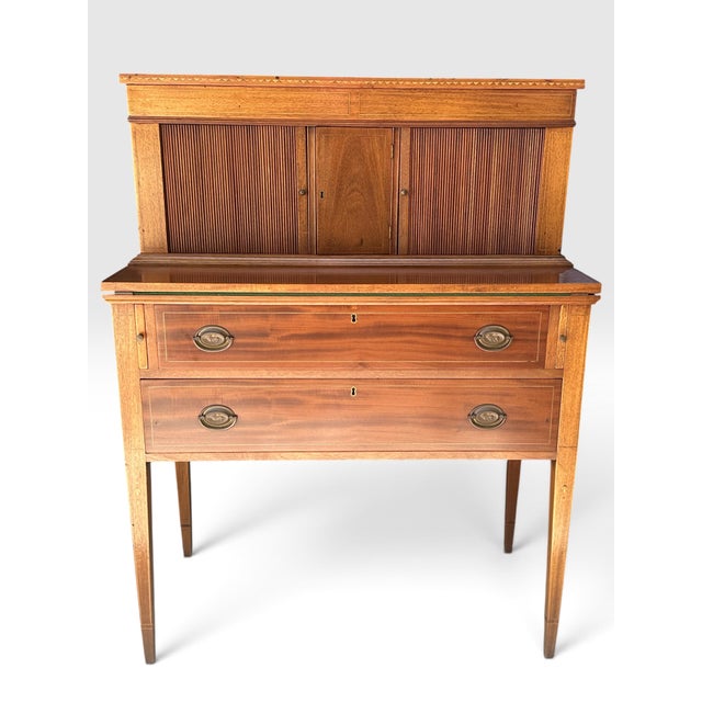 Traditional Federal Style Inlaid Mahogany Ladies Tambour Writing Desk & Secretary. For Sale - Image 3 of 12