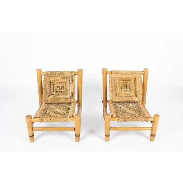 1950s Lounge Chairs in Wood and Braided Rope by Audoux-Minet for Vibo Vesoul, France, 1950s, Set of 2 For Sale - Image 5 of 12