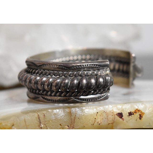 Silver Vintage Heavy Sterling Silver Navajo Cuff Bracelet Franklin & Verna Tahe For Sale - Image 8 of 17
