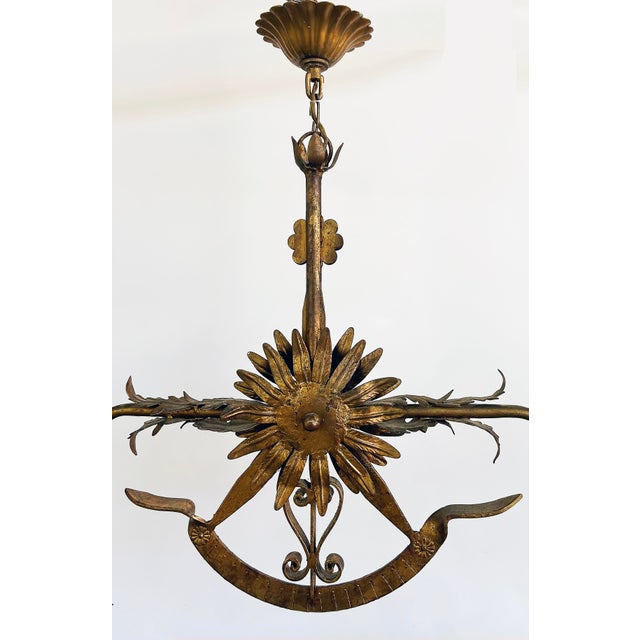 Hollywood Regency Mid 20th Century Italian Gilt Floral Tole Hanging Scales of Justice Chandelier For Sale - Image 3 of 8