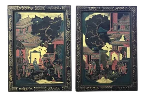19th Century Chinoiserie Decorated Lacquer Panels - a Pair