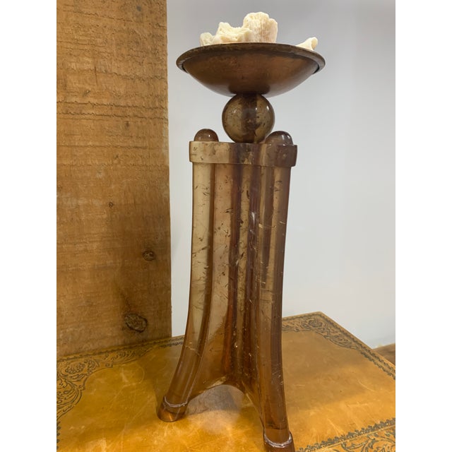Pair of Mid-Century Modern Amber Acrylic Bamboo & Copper Candle Holders For Sale - Image 4 of 6