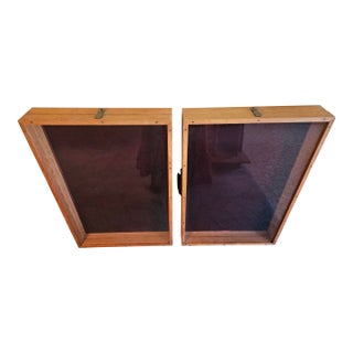 1970s Pair of 2 Rustic Hardwood Hand Made Portable Jewelry Toys Tabletop Display Cases Cabinets For Sale