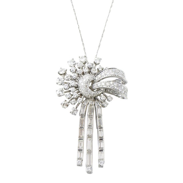 Mid-Century Diamond Bow Spray White Gold Brooch Pendant For Sale