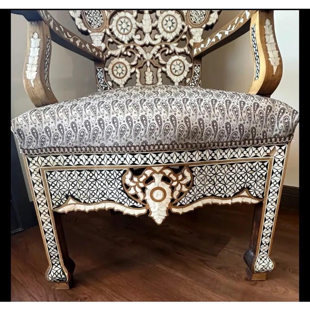 Mid 20th Century Handcrafted Syrian Mother of Pearl & Abalone Inlaid Moorish Armchair | Damascus Style | Carved Hardwood Accent Chair For Sale In Los Angeles - Image 6 of 12