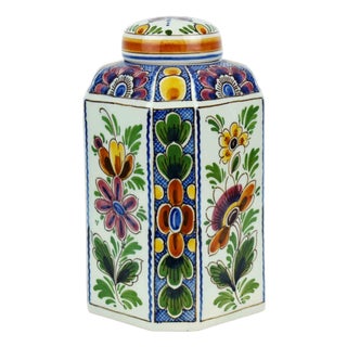 Hand-Painted Delft Hexagonal Lidded Ginger Jar or Tea Caddy Multi-Color Floral Motifs and Artist Monogram For Sale