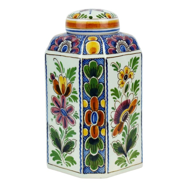 Hand-Painted Delft Hexagonal Lidded Ginger Jar or Tea Caddy Multi-Color Floral Motifs and Artist Monogram For Sale
