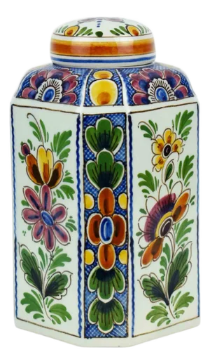 Hand-Painted Delft Hexagonal Lidded Ginger Jar or Tea Caddy Multi-Color Floral Motifs and Artist Monogram